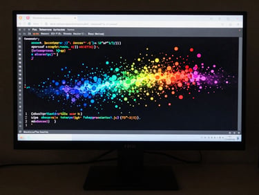 Browser window showing a JavaScript canvas animation — colored particles bouncing around, code snippet reflected faintly on the desk surface below the monitor