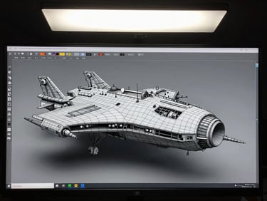 3D modeling software viewport showing a low-poly spaceship model in progress, wireframe overlay visible, neutral studio lighting from above