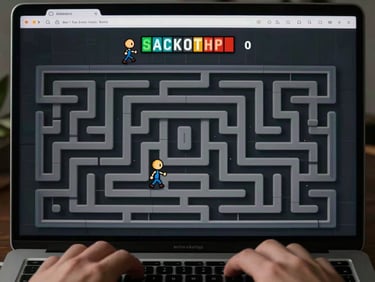 Full browser window showing an active JavaScript game — a top-down maze with a moving character sprite, score and timer displayed at the top, hands on keyboard partially visible at the bottom edge