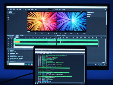 Screen recording still showing a vibecoding session — colorful generative art output filling the browser, terminal window open below with live output scrolling, cool blue monitor light