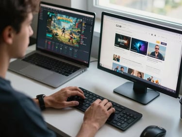 Overhead shot of Kavin at a desk, hands typing, two browser windows open — one showing a game, one showing a tutorial page — natural window light from the side