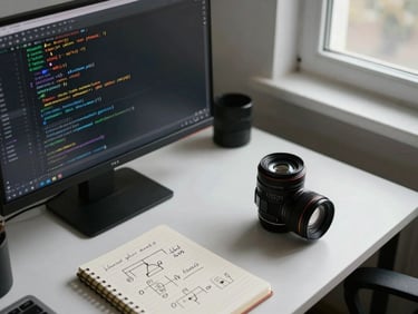 Overhead shot of a desk with a monitor showing HTML and CSS code, a small notebook with handwritten logic diagrams beside it, natural window light