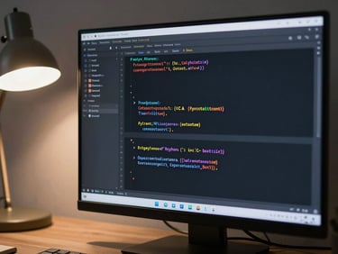 Screen capture of a code editor showing a Python AI script mid-run, terminal output scrolling with text predictions, desk lamp glow from the left