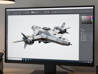 3D modeling software open on a monitor showing a low-poly spaceship or robot model in progress, bright viewport background, desk corner with pencils, neutral overhead light