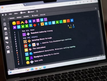 Close-up of a browser window showing a colorful JavaScript game menu — pixel art tiles and a score counter visible on a dark game canvas, keyboard keys in frame