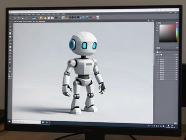 Close-up of a 3D modeling software viewport showing a low-poly robot character in progress, wireframe overlay visible, bright studio monitor glow