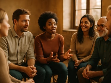 A diverse group of adults in a lively workshop circle, actively listening and engaging, warm indoor lighting, candid human interaction.