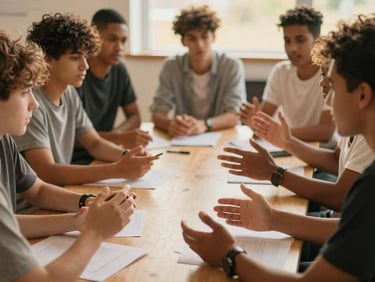 Diverse group of youth actively participating in a workshop, hands gesturing, warm natural daylight, shallow depth of field.