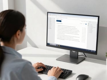 Over-the-shoulder shot of a professional at a clean desk, reviewing digital documents on a monitor, natural daylight, soft shadows, modern workspace, professional, 35mm