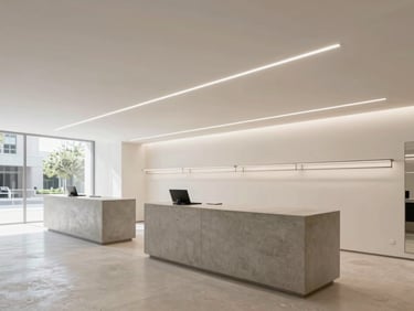 Wide-angle architectural photograph of a completed modern commercial retail space, minimalist concrete counters, crisp linear lighting, bright daylight.