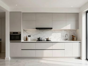 Straight-on architectural elevation of a modern kitchen remodel, bright natural daylight, crisp marble transitions, professional interior styling