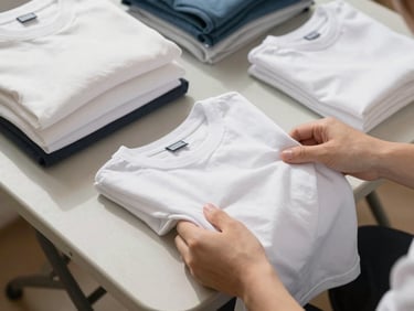 Overhead shot of a folding table with freshly laundered clothes being folded by a pair of hands, bright overhead daylight, clean white fabric, organized and deliberate