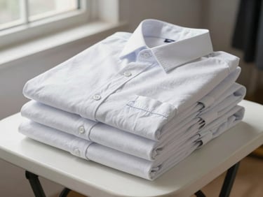 Close-up of neatly folded cotton shirts stacked on a white folding table, bright daylight from a window, fabric texture sharp and crisp