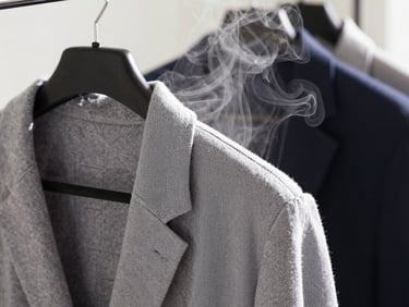 Close-up of a garment on a hanger being steamed, bright natural light, fabric texture sharp and clear, steam rising from the pressing cloth, no faces