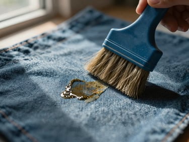 Extreme close-up of a stain being treated on denim fabric, a brush working the spot under natural window light, texture of weave visible