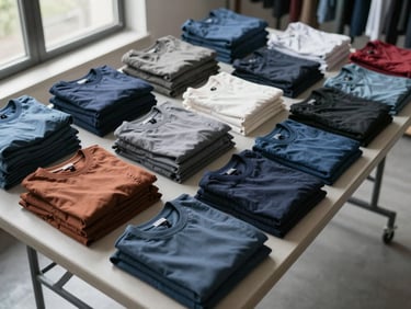 Overhead shot of a wide folding table with garments sorted into distinct piles by color and fabric weight, natural window light from the left, no people visible