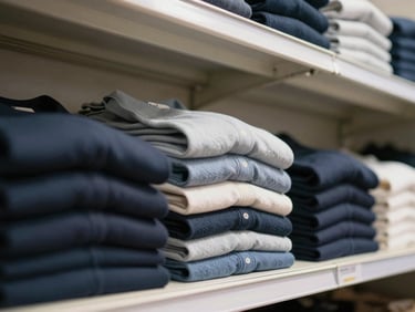 Close-up of neatly folded and stacked garments on a clean shop shelf, overhead daylight, crisp edges, no people, institutional calm