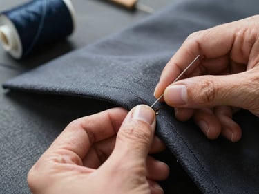 Close-up of a needle and thread at work on a jacket hem under bright daylight, fingers guiding the stitch, fabric held taut on a work surface