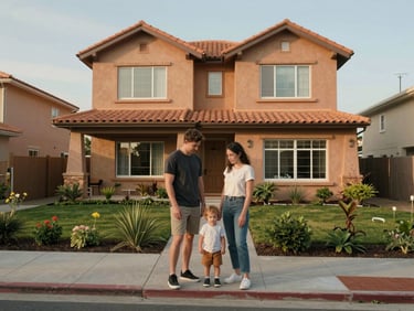Medium-wide shot, young family — father, mother, toddler — standing in front of their newly finished single-story home surrounded by a modest garden, warm morning light, terracotta-toned facade, real neighborhood street visible behind them, candid moment not posed