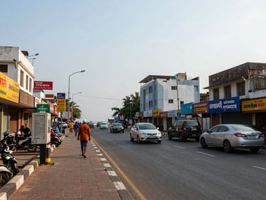 Wide-angle street view of Visakhapatnam's RK Beach road commercial strip at morning light, low-rise buildings and signage visible, light traffic, shot from the footpath with the coastline faintly visible in the background