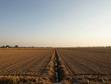Wide shot of farmland in Srikakulam, flat agricultural plot with visible irrigation channel, golden hour lighting, open horizon