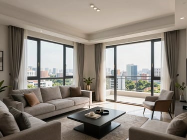 Interior shot of a furnished 3BHK apartment living room in Vizag's Madhurawada area, large windows with city view, natural daylight, clean modern finishes