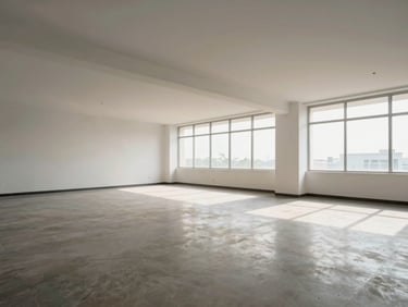 Interior of a commercial office space in Visakhapatnam, open floor plan, large windows with natural light, clean walls, unfurnished ready state