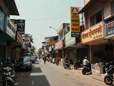 Street-level view of a commercial corridor in Visakhapatnam's Dwaraka Nagar, shop fronts visible, midday natural light, mixed retail and office signage