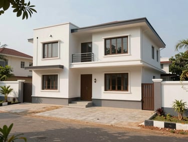 Exterior of a newly constructed villa in a Visakhapatnam suburb, daytime, clean driveway, boundary wall visible, natural light