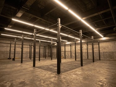 Wide shot of a raw industrial gym interior at night, heavy iron racks casting long shadows under amber tungsten strip lights, concrete floor, no people, framed from low angle to emphasize the ceiling height