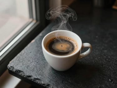 Close overhead shot of a single espresso cup on a dark slate counter, steam rising, café window light cutting across from the left, muted warm tones, no people