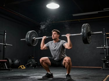 Fitness coach spotting a barbell lift in a dark high-ceiling training space, single overhead light catching chalk dust in the air, shot from floor level looking up, no faces visible