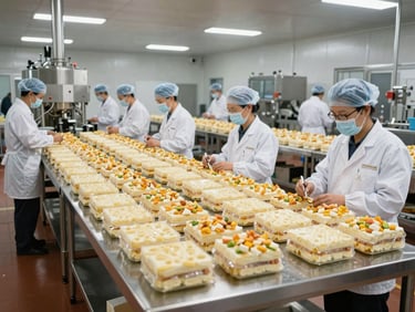 Wide shot of a quality control area in a food manufacturing facility, uniformed staff at inspection stations under even overhead industrial lighting, product batches lined up in systematic order on stainless steel tables