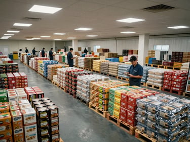 Wide environmental shot of a controlled food distribution center interior, pallets of grouped product categories arranged in distinct zones under overhead skylights, a worker with clipboard reviewing inventory in the mid-right frame