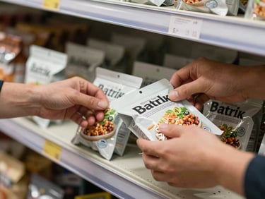 Close-up of two workers' hands arranging food product packages on a retail display shelf, bright even overhead industrial lighting, packages aligned with precision, clipboard visible on the shelf edge, no faces shown
