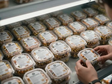 Close overhead shot of organized rows of sealed food product units on a warehouse shelf under bright fluorescent lighting, labels facing forward in precise alignment, hands adjusting one unit in the lower right corner