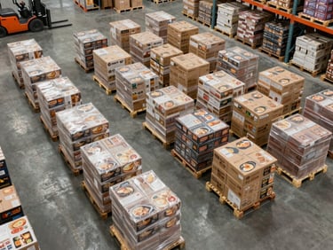 Overhead study of an organized distribution center floor with palletized food product boxes arranged in systematic rows, bright even warehouse lighting from above, forklift tracks visible on the concrete floor, no people