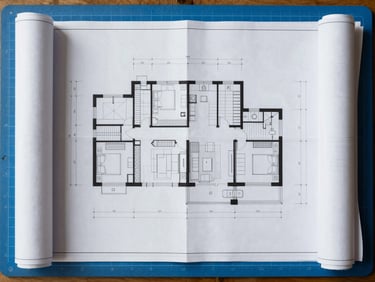 Top-down flat-lay of architectural blueprints and clean digital wireframes aligned on a slate blue cutting mat under bright daylight.
