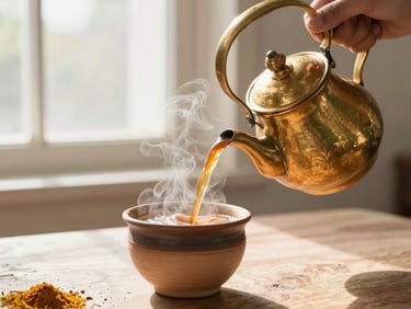 Hands pouring steaming hot chai from a brass kettle into a clay cup, tea splash, warm morning light