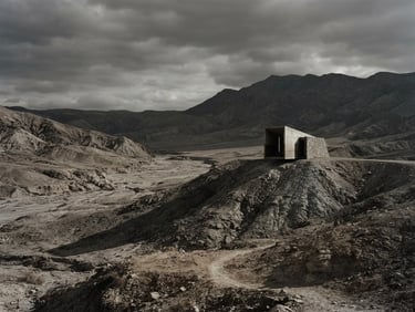 Stark minimal landscape of a dry desert valley, deep architectural shadows cast by a low sun, desaturated overcast tones, 35mm film style.