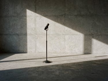 A single microphone standing in a stark, empty concrete studio, dramatic side lighting casting long shadows, desaturated neutral tones.
