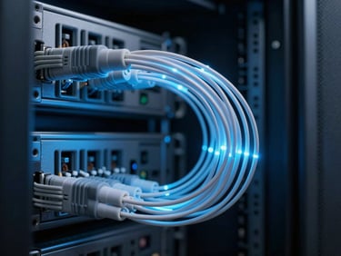 Extreme close-up of fiber-optic cabling glowing with cool-toned blue light inside a dark server cabinet
