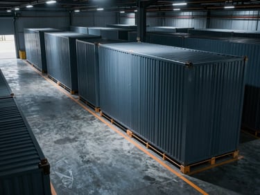 High-angle architectural shot of a massive modern logistics warehouse, sharp safety-orange lines on concrete floor, cool industrial lighting
