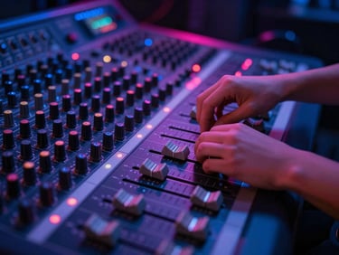 Close-up of a teenager's hands adjusting faders on a massive professional audio mixing console, vibrant electric blue and magenta gel backlighting, shallow depth of field.