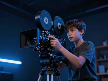 Cinematic low-angle shot of a teenager adjusting a cinema camera under dramatic neon blue gel lighting inside a dark studio space, rich dark tones, 35mm lens.