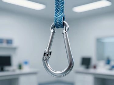Close-up of a carabiner and climbing rope undergoing a mechanical stress test in a bright, modern laboratory, clean steel-blue tones, sharp focus, 50mm