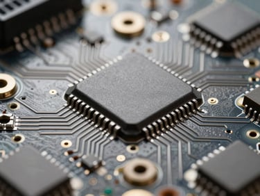 Macro shot of modern circuit board components, crisp metallic textures, neutral studio lighting, 50mm.