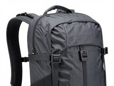 Close-up of technical stitching and waterproof fabric on a premium outdoor backpack, neutral studio lighting, sharp details
