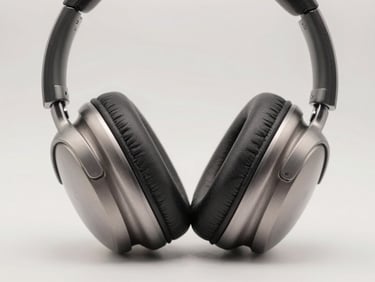 Macro product shot of high-end metallic headphones, clean neutral studio light, sharp details, 50mm