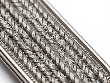 Macro shot of a polished metallic brooch and woven silk texture, sharp details, high-contrast studio setup.